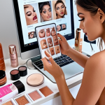 ** A woman scrolling through beauty content on Instagram, surrounded by beauty products, looking inspired.

**