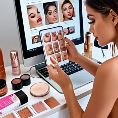 Home 4 ** A woman scrolling through beauty content on Instagram, surrounded by beauty products, looking inspired.
**