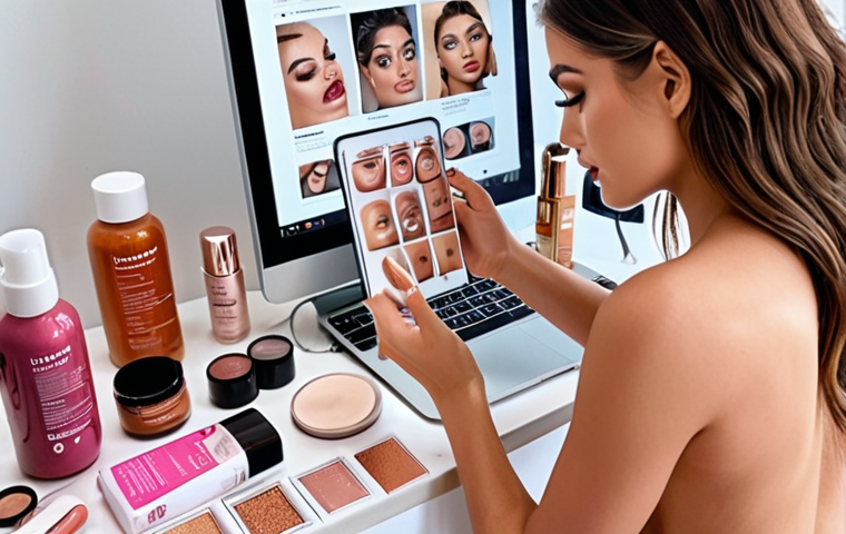 ** A woman scrolling through beauty content on Instagram, surrounded by beauty products, looking inspired.
**